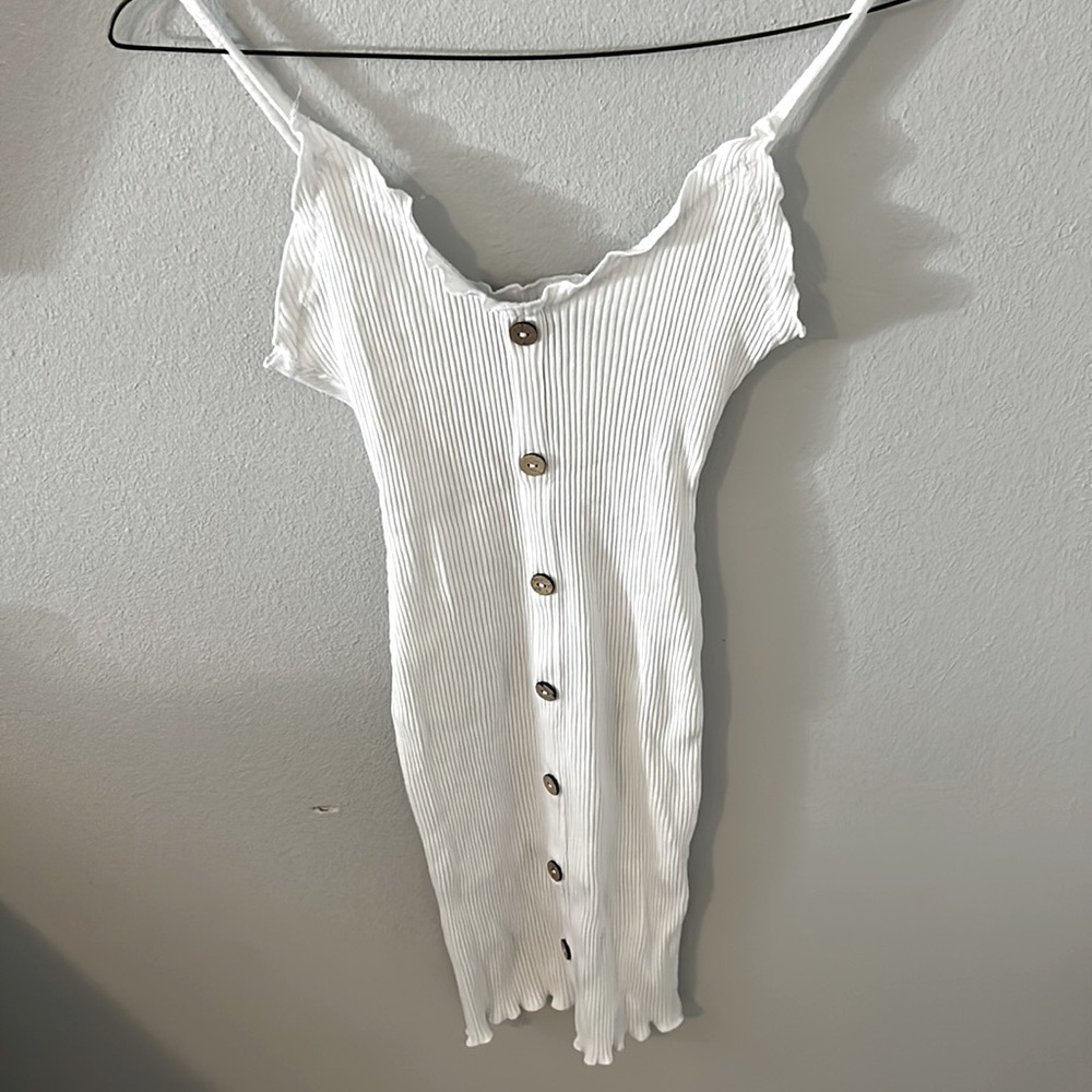 white summer button-up corduroy ribbed mini midi dress sz. medium - Picture 2 of 4